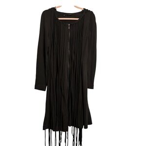 Elsewhere Black Fringe Zip Front Dress Long Sleeve Avant Garde Artsy Lagenlook M